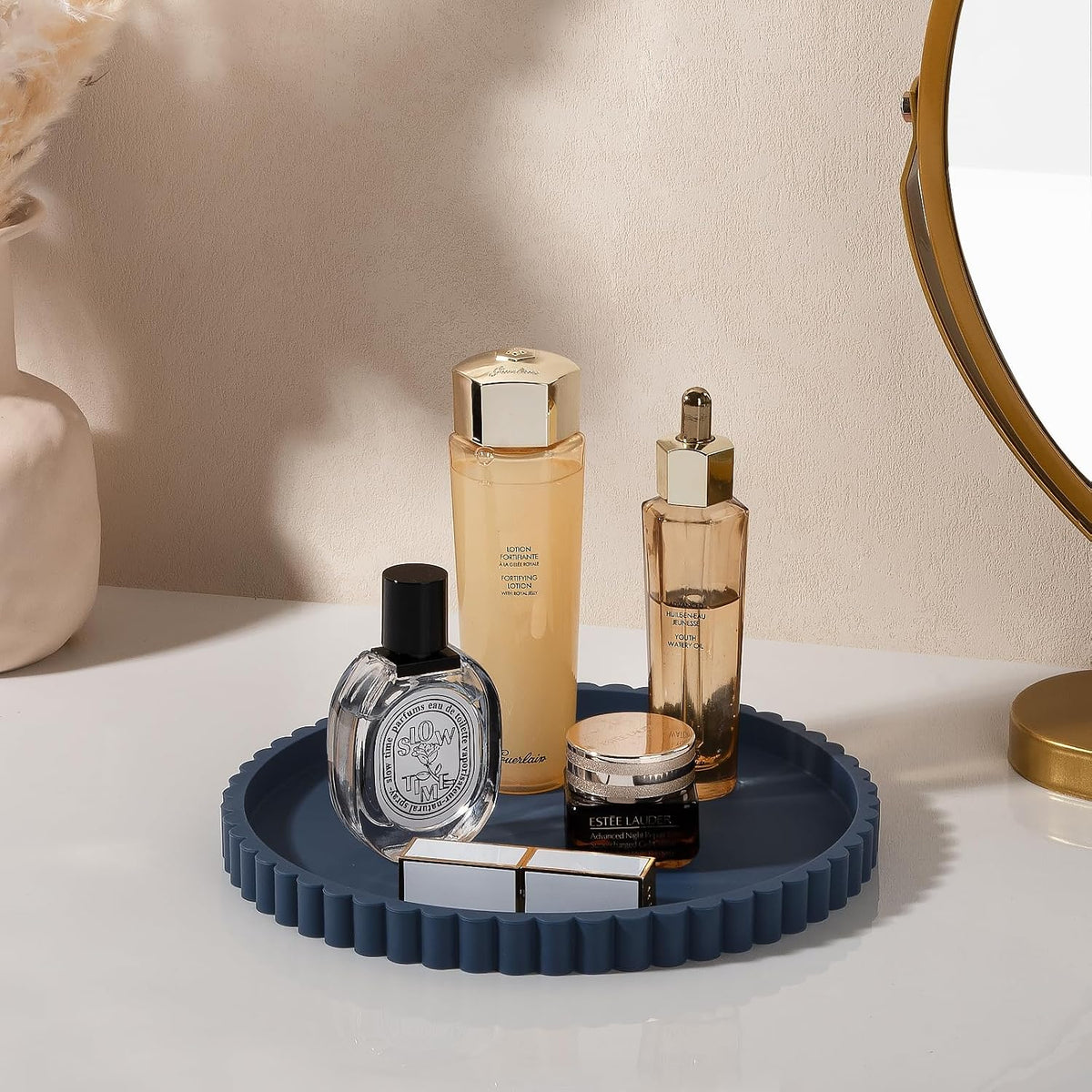 Round Bathroom Tray Perfume Organizer Coffee Table Decor, 9" Dark Blue