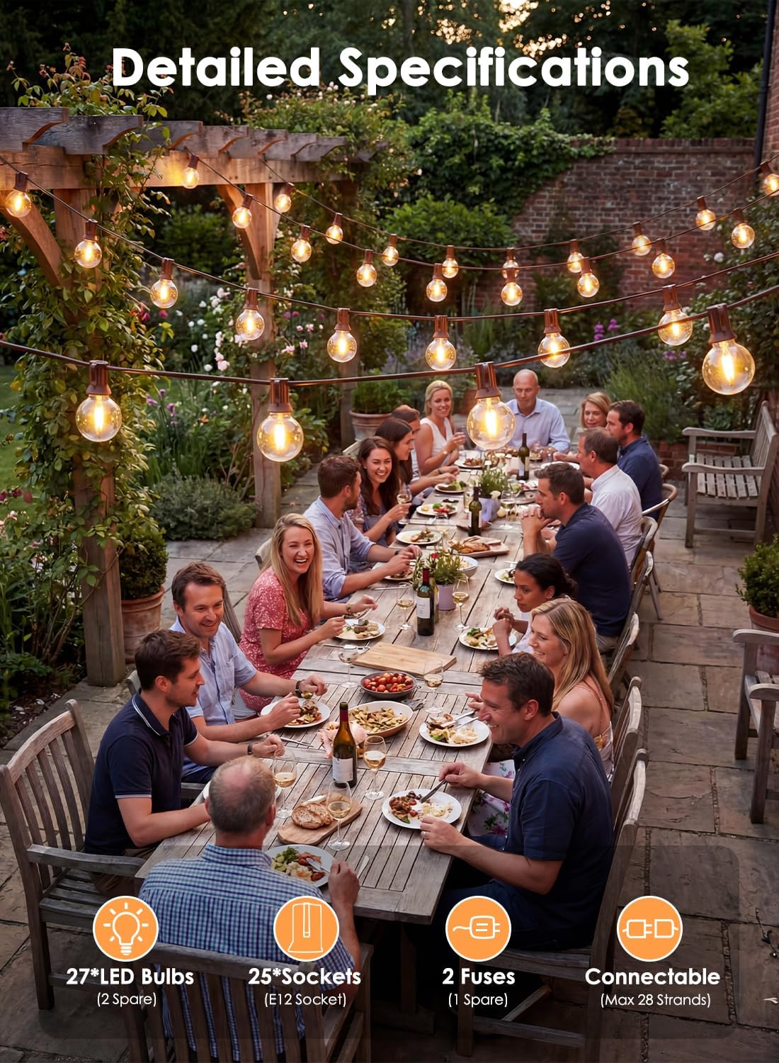 25FT G40 LED Brown Outdoor String Lights with 25 Plastic Shatterproof Bulbs