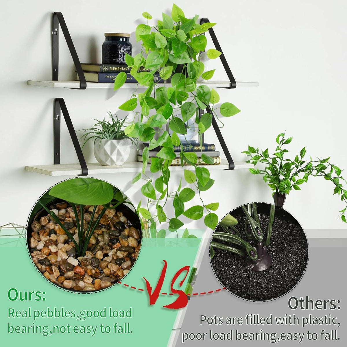 Artificial Hanging Plants with Black Pot, 39.37" Faux Pothos Trailing Vines, Potted Fake Greenery Indoor for Home Bathroom Bedroom Wall Shelf Decor