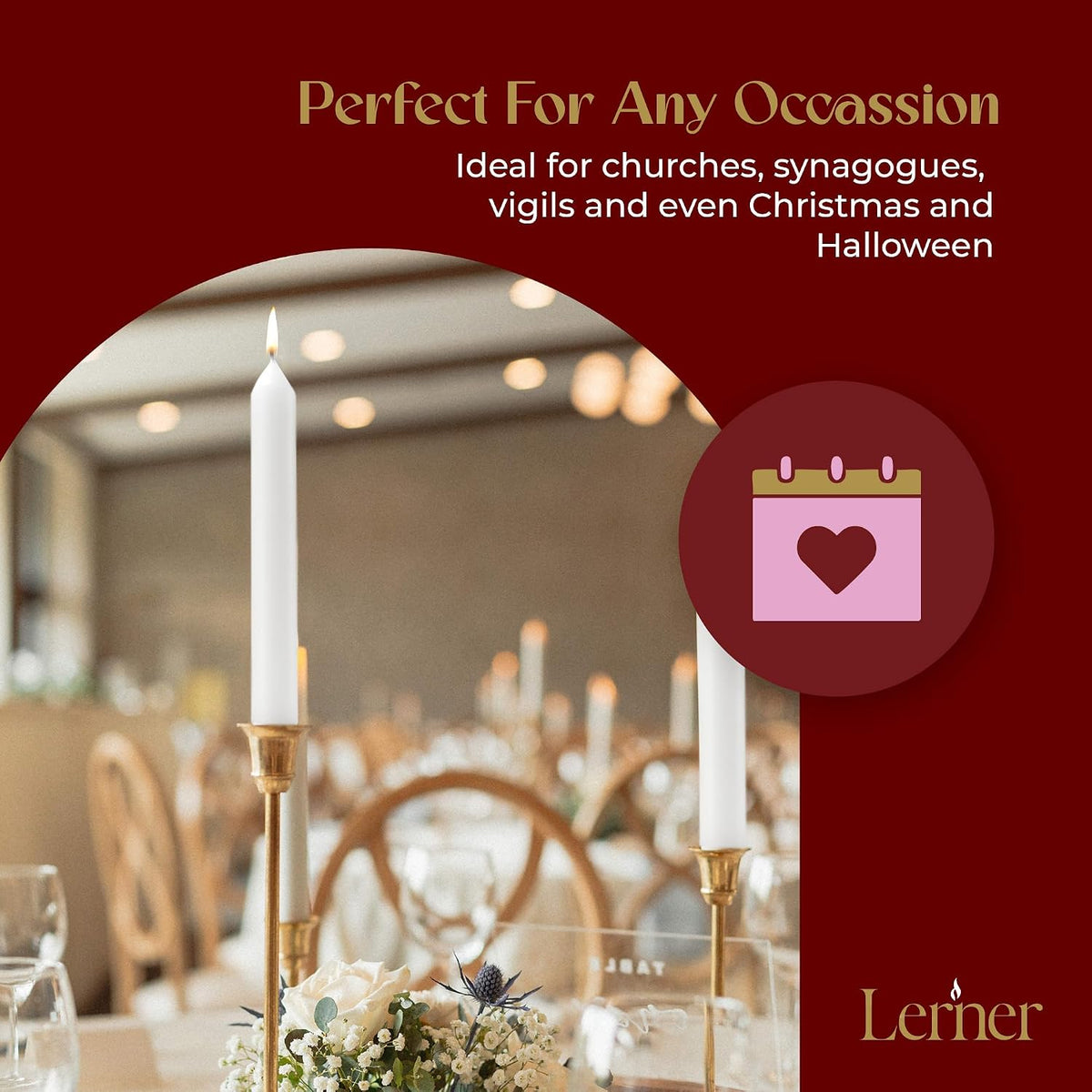 Lerner White Household Candlesticks, Pack of 100 | 6-Hour Burning Time | 7 Inch Tall Dinner Candles | 100% Dripless | Shabbat Candles | Candlesticks for Holidays, Churches, Décor, Emergencies