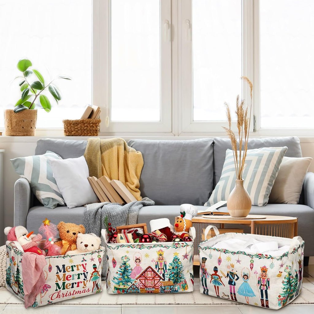 Beeveer 3 Pcs Christmas Nutcracker Baskets for Gifts Empty Christmas Tree Ballet Girl Soldier Storage Bin with Handle Fabric Storage Container Cube Box for Home Office Dorm Closet Shelf Organizer