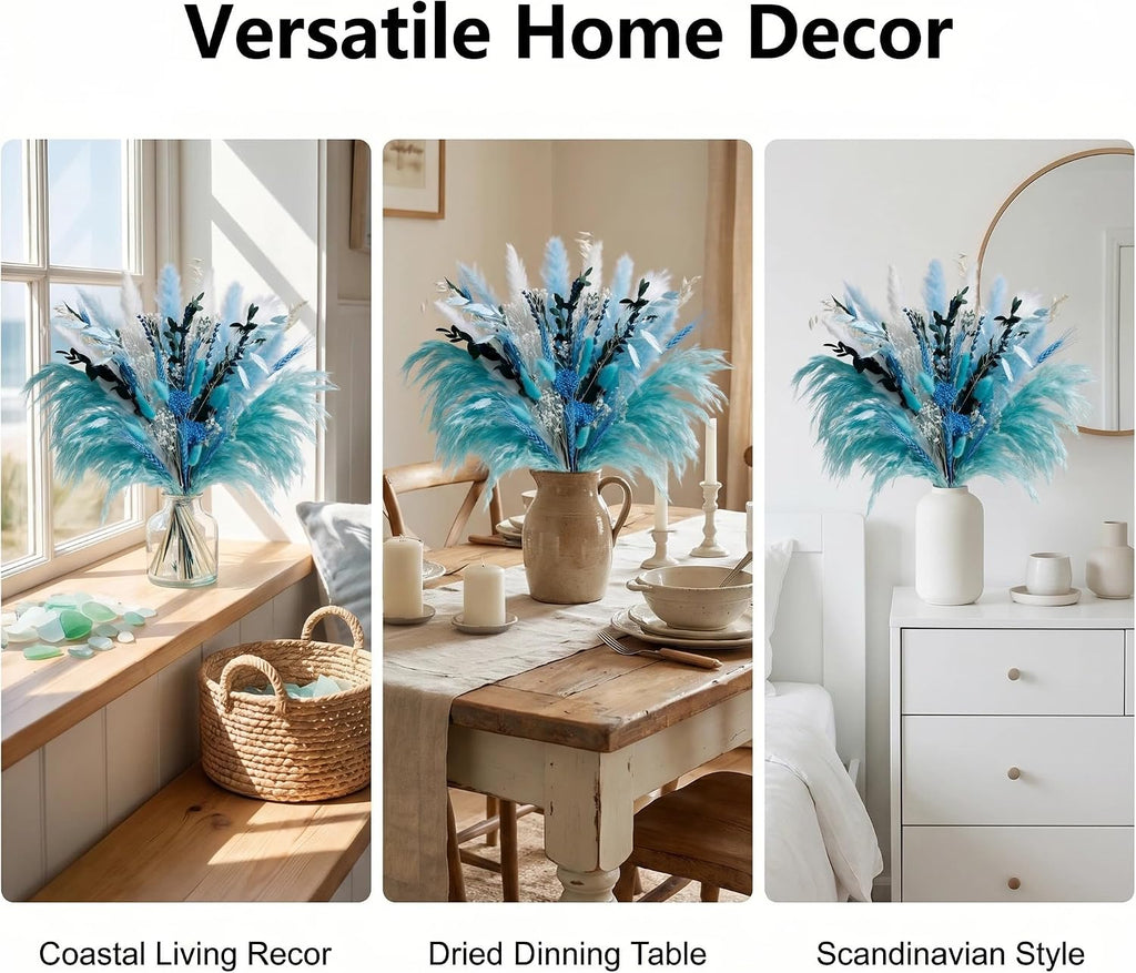 Blue Dried Flowers Bouquet with Pampas Grass - Boho Home Decor and DIY Floral Arrangements for Bedroom, Office, and Wedding Centerpieces