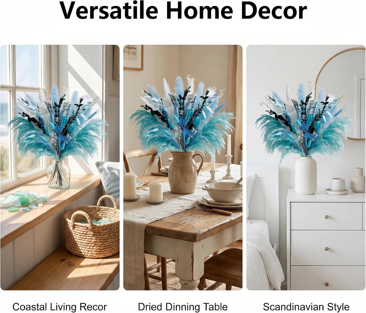 Blue Dried Flowers Bouquet with Pampas Grass - Boho Home Decor and DIY Floral Arrangements for Bedroom, Office, and Wedding Centerpieces