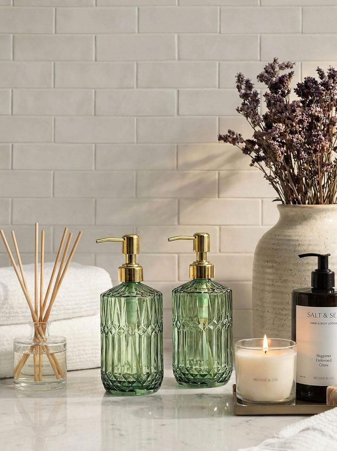 JASAI 2Pack 18Oz Green Glass Soap Dispenser with Gold Rust Proof Pump