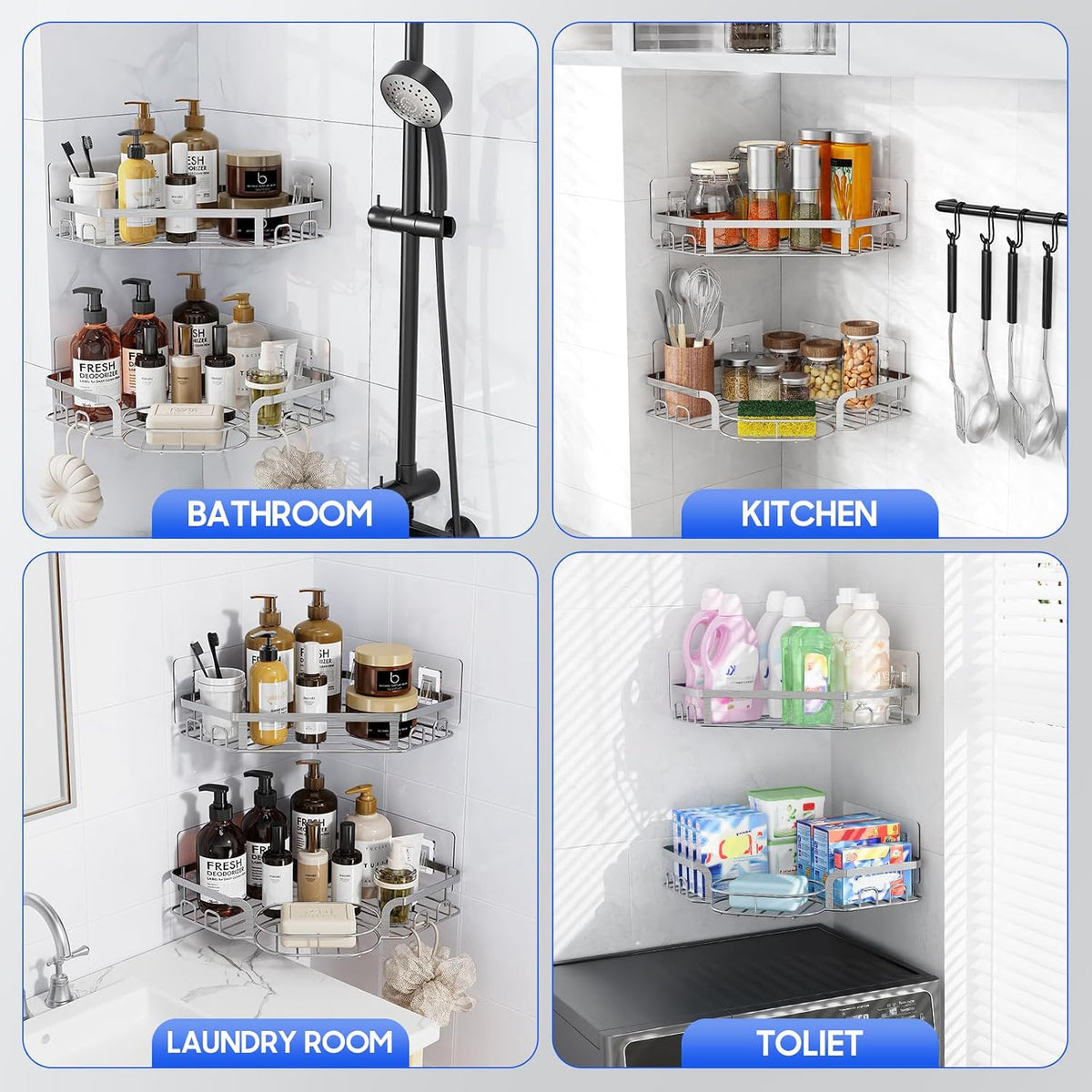 Corner Shower Caddy, Rustproof Shower Organizer with Soap Holder and 8 Hooks, No Drilling Adhesive Shower Shelves for Inside Shower, Large Capacity Shower Rack for Bathroom Shower Storage, Sliver
