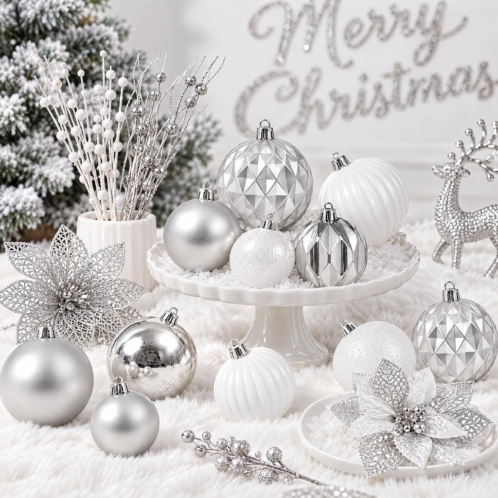 Ouddy Decor 105 Pcs Silver Christmas Tree Ball Ornaments Decorations Set