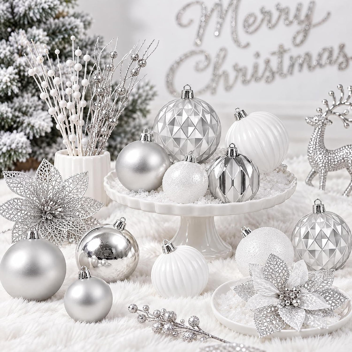 Ouddy Decor 105 Pcs Silver Christmas Tree Ball Ornaments Decorations Set