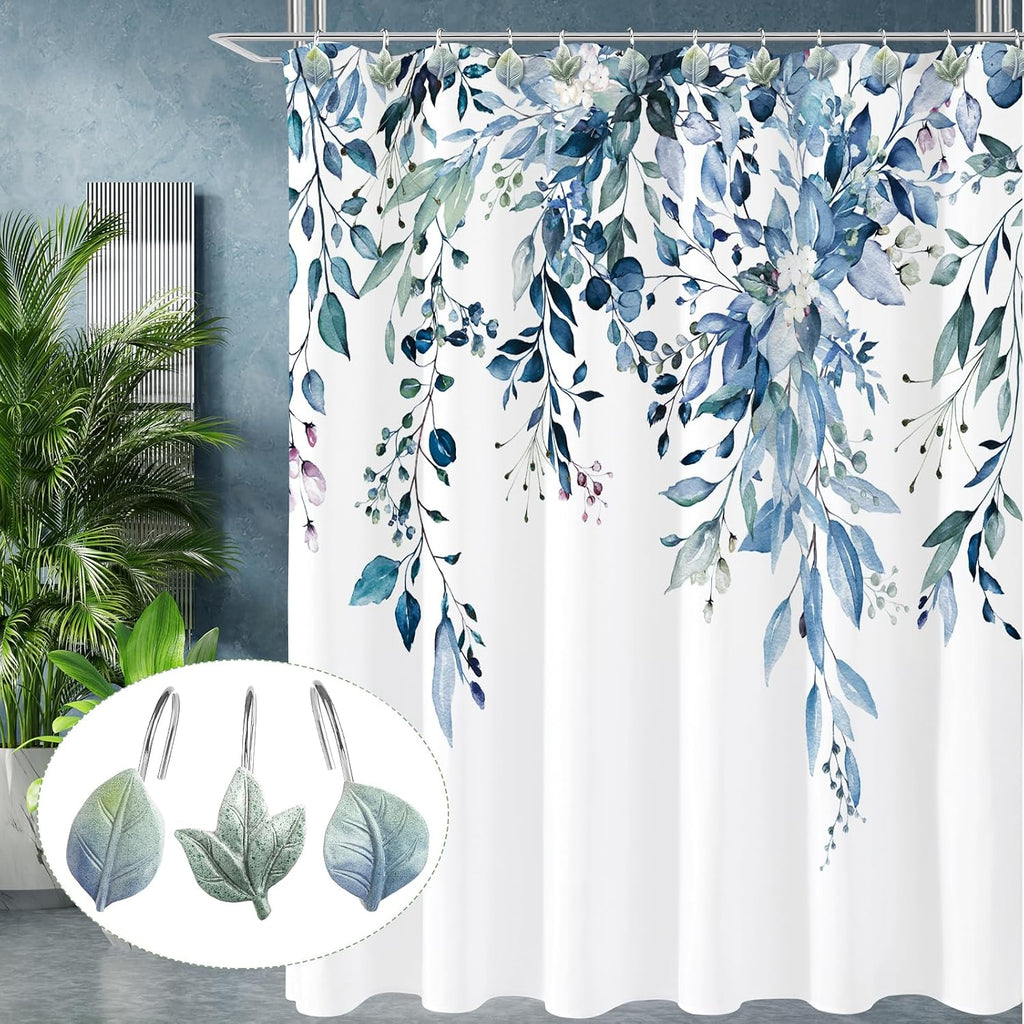 Blue Plant Leaf Shower Curtain Hooks,Eucalyptus Bathroom Decor,12PCS