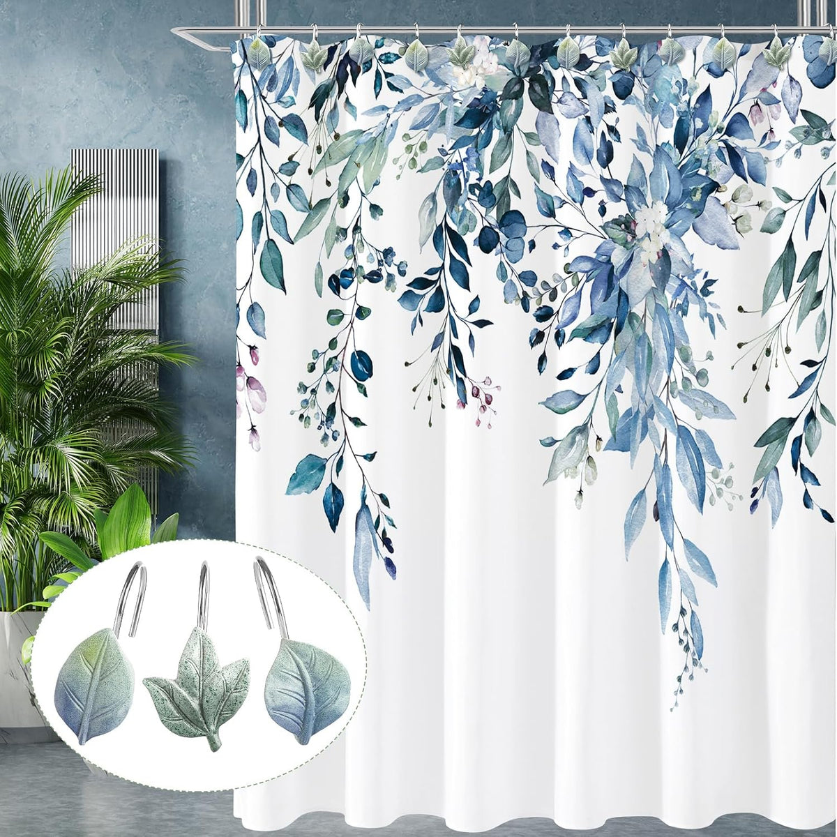 Blue Plant Leaf Shower Curtain Hooks,Eucalyptus Bathroom Decor,12PCS