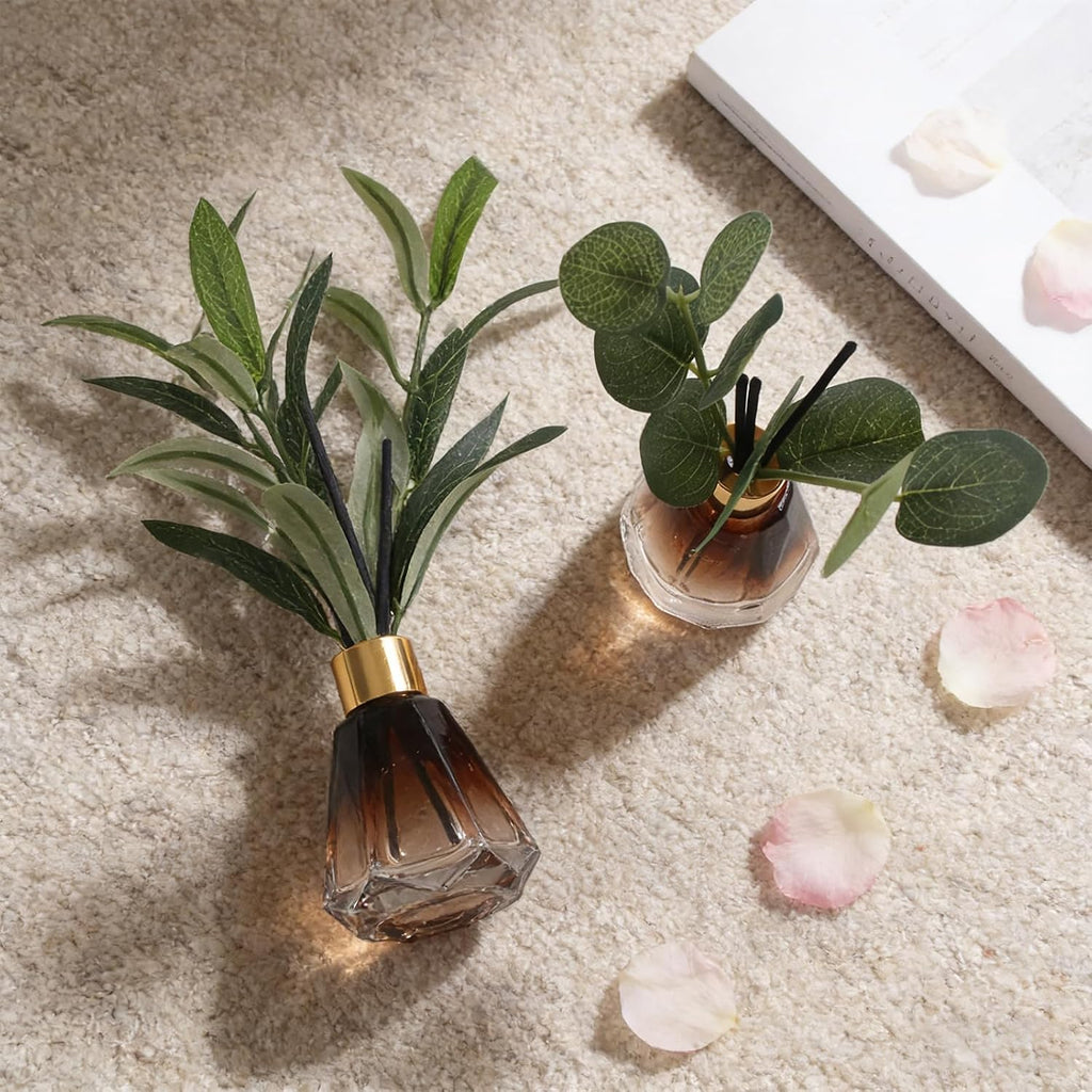 2Pcs Empty Reed Diffuser Brown Glass Bottle Set with Artificial Plant Decor