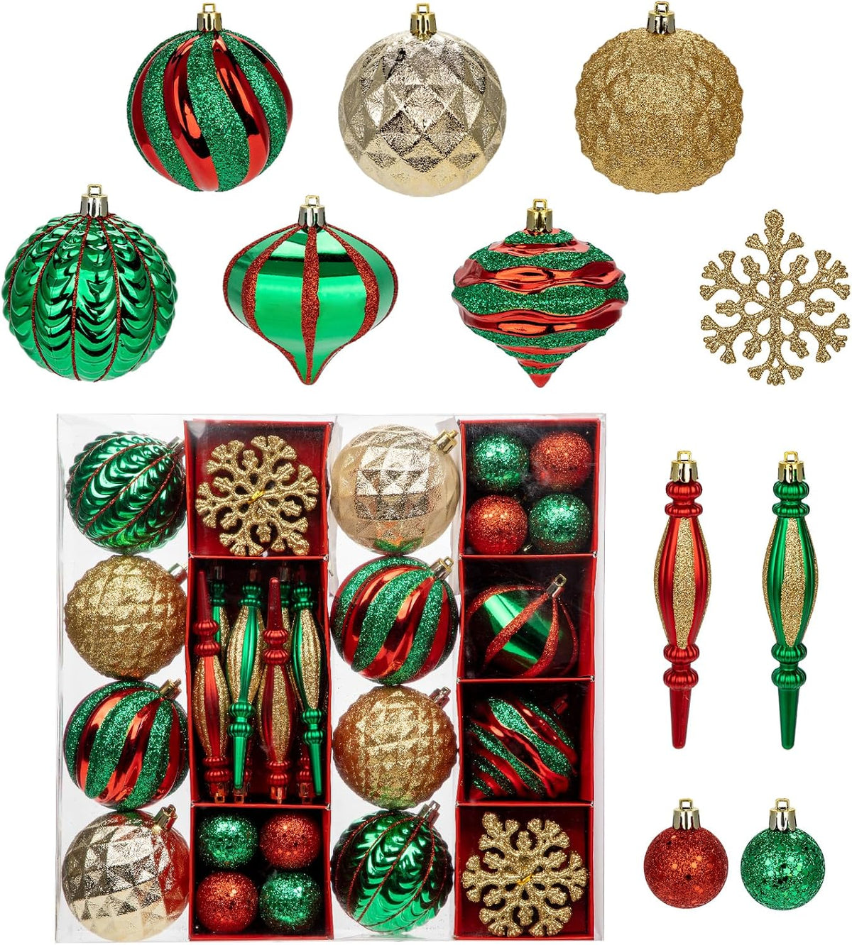 Hollyone Christmas Balls Ornaments Set, 50pcs Glitter Red Green and Gold Shatterproof Christmas Ball Snowflakes Tree Ornaments Hanging Ball Decoration for Xmas Tree Wreath Garland Wedding Home Decor