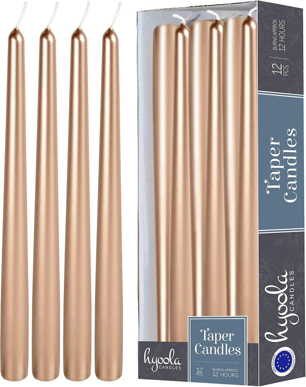 Hyoola 12 Pack Tall Metallic Taper Candles - 14 Inch Copper Metallic, Dripless, Unscented Dinner Candle - Paraffin Wax with Cotton Wicks