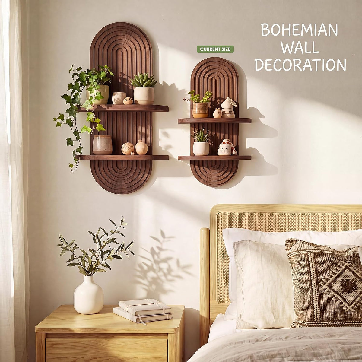 Heiple Set of 2 Boho Arched Floating Shelves, Brown, 16.6"x8.8"