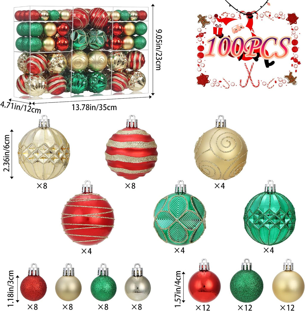 100Pcs Red Green Gold Christmas Ball Ornaments Vintage Tree Decorations