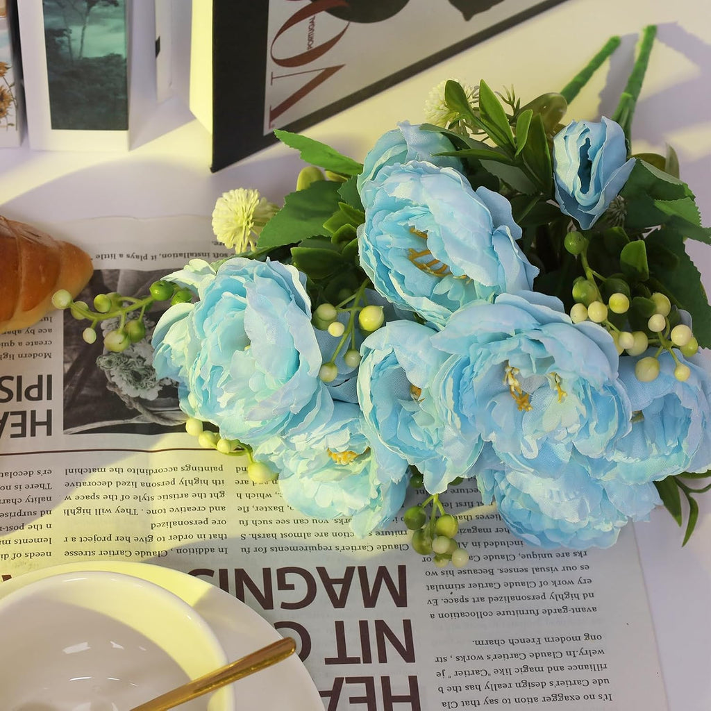 8 Bundles Peonies Artificial Flowers Blue Fake Silk Peonies Bouquet Faux Peonies Flowers Bulk for Home Decoration Vase Florals Arrangements Wedding Party Table Centerpiece