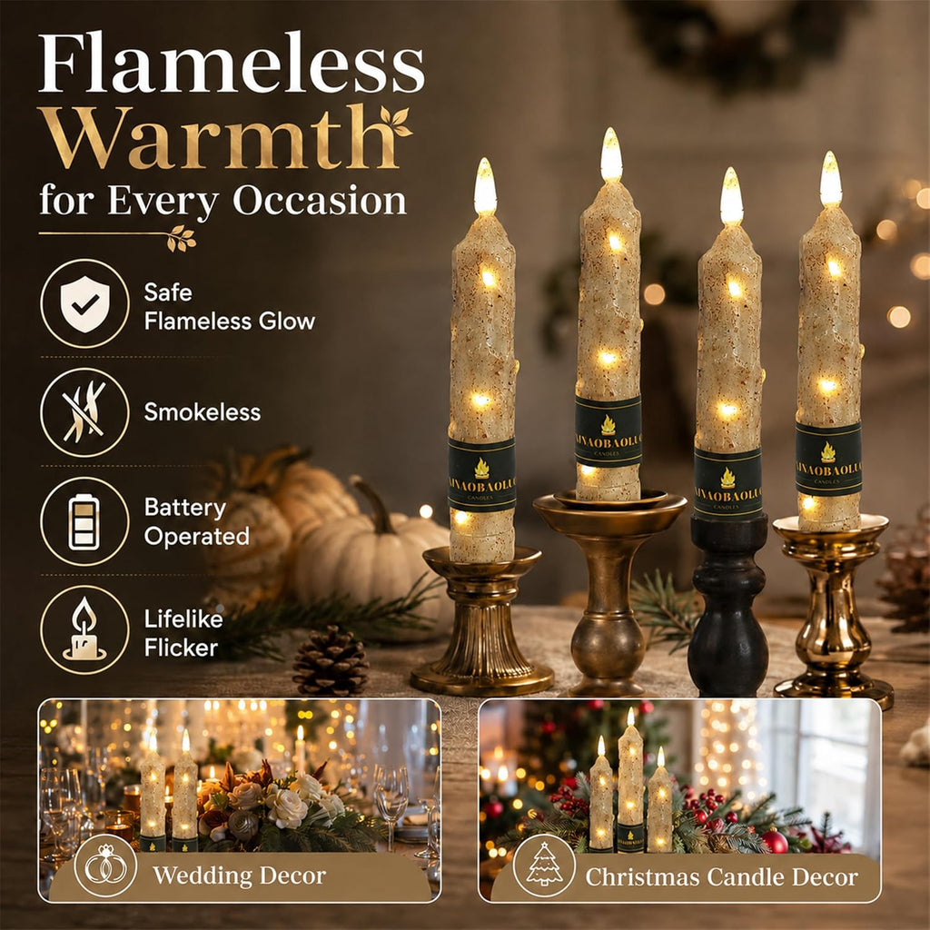 Wood Grain Flameless Taper Candles 4 Pack, 6.5 Inch LED Candles with Remote