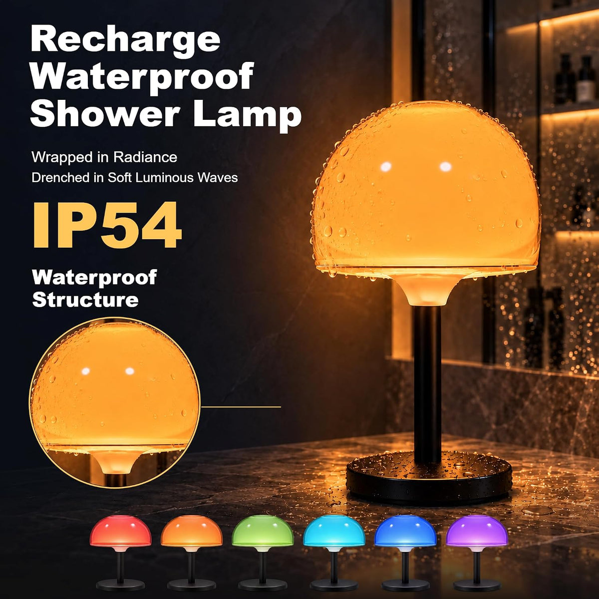 Waterproof Shower Lamp Light Rechargeable Cordless Table Lamp for Bathroom