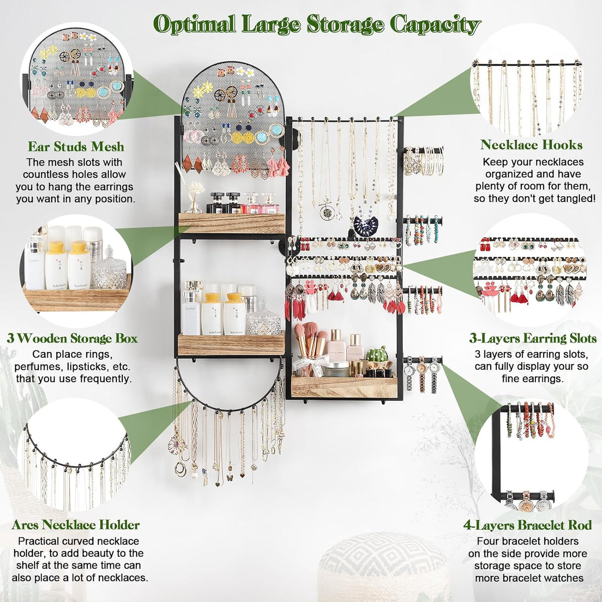 Keebofly Large Jewelry Organizer - Big Wall Mount Hanging Jewelry Holder Display for Earrings, Rings, Necklaces, Bracelets, Makeup, Perfume & Watches