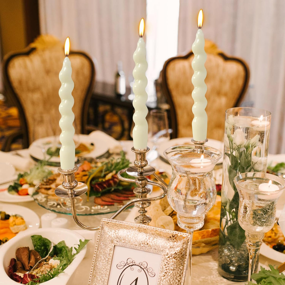 4 Pack 7 Inch Ivory Spiral Taper Candles, Unscented Dripless Fat Twisted Candlesticks for Home Décor Party Wedding and Celebrations