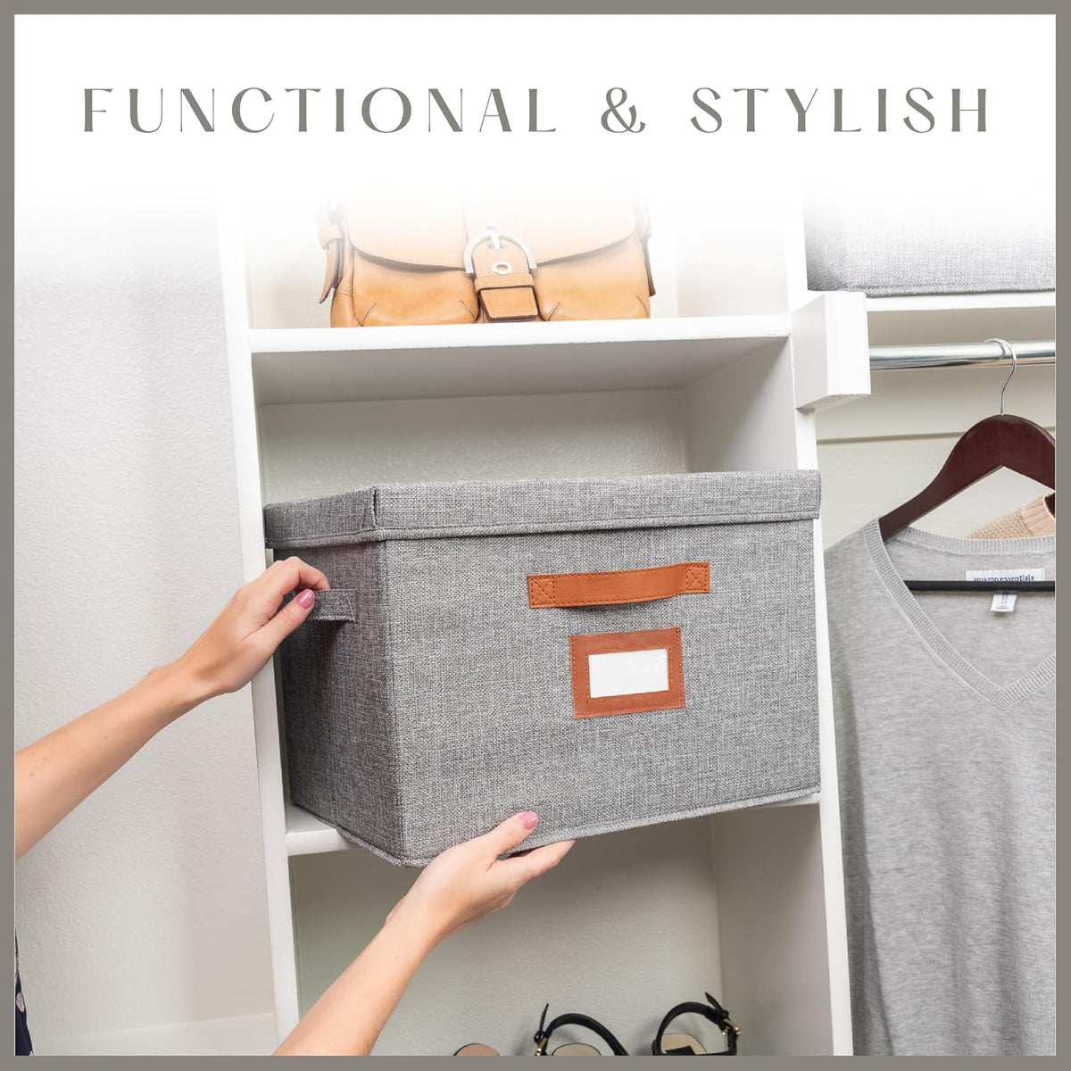 3 Pack Large Fabric Storage Boxes with Lids (15.75" x 11.25" x 11.25") - Decorative Bin with Lid, Label Holder, Faux Leather Handles - Large Storage Boxes for Organizing Clothes, Blankets - Grey