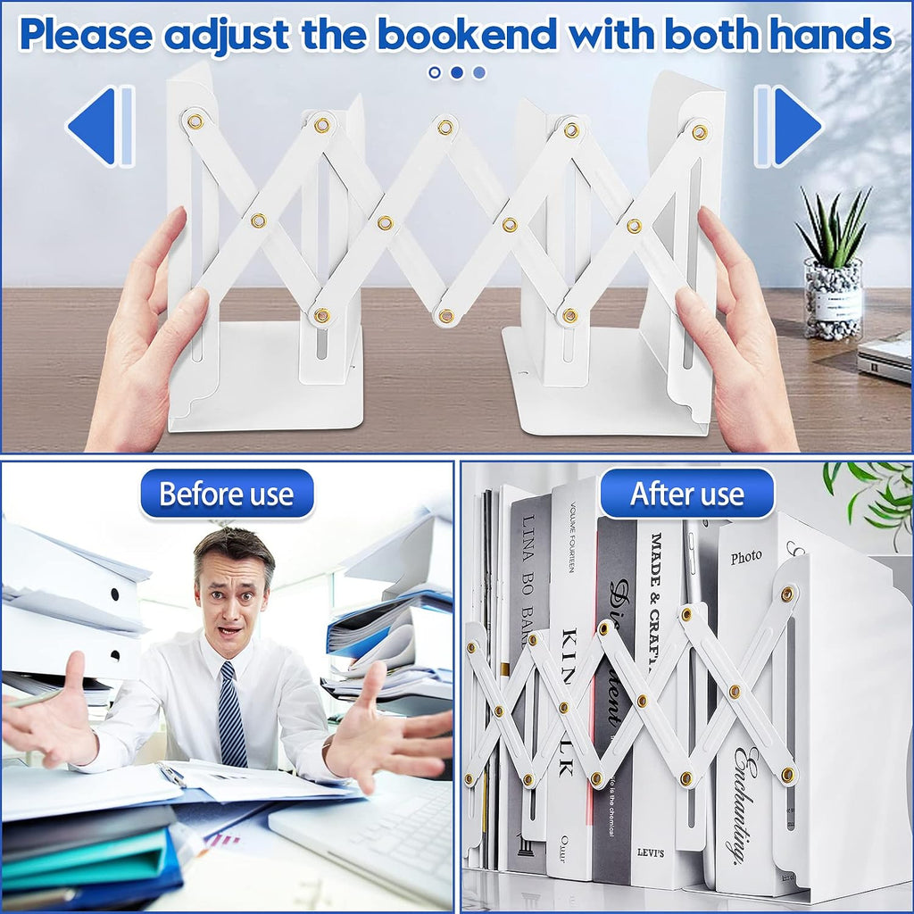 2PCS Heavy Duty Book End to Hold Books, Adjustable Bookends Book Holder for Shelves, White Book Organizer for Desk, Sturdy & Flexible - Metal Book Ends Binder Holder for Tabletop