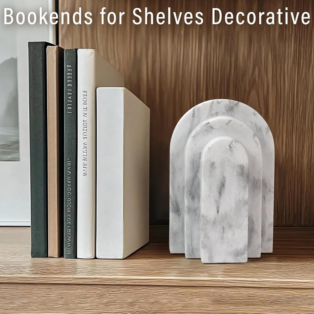 LIN CHUAN Heavy Duty Bookends for Shelves, Set of 2, Marble White Look