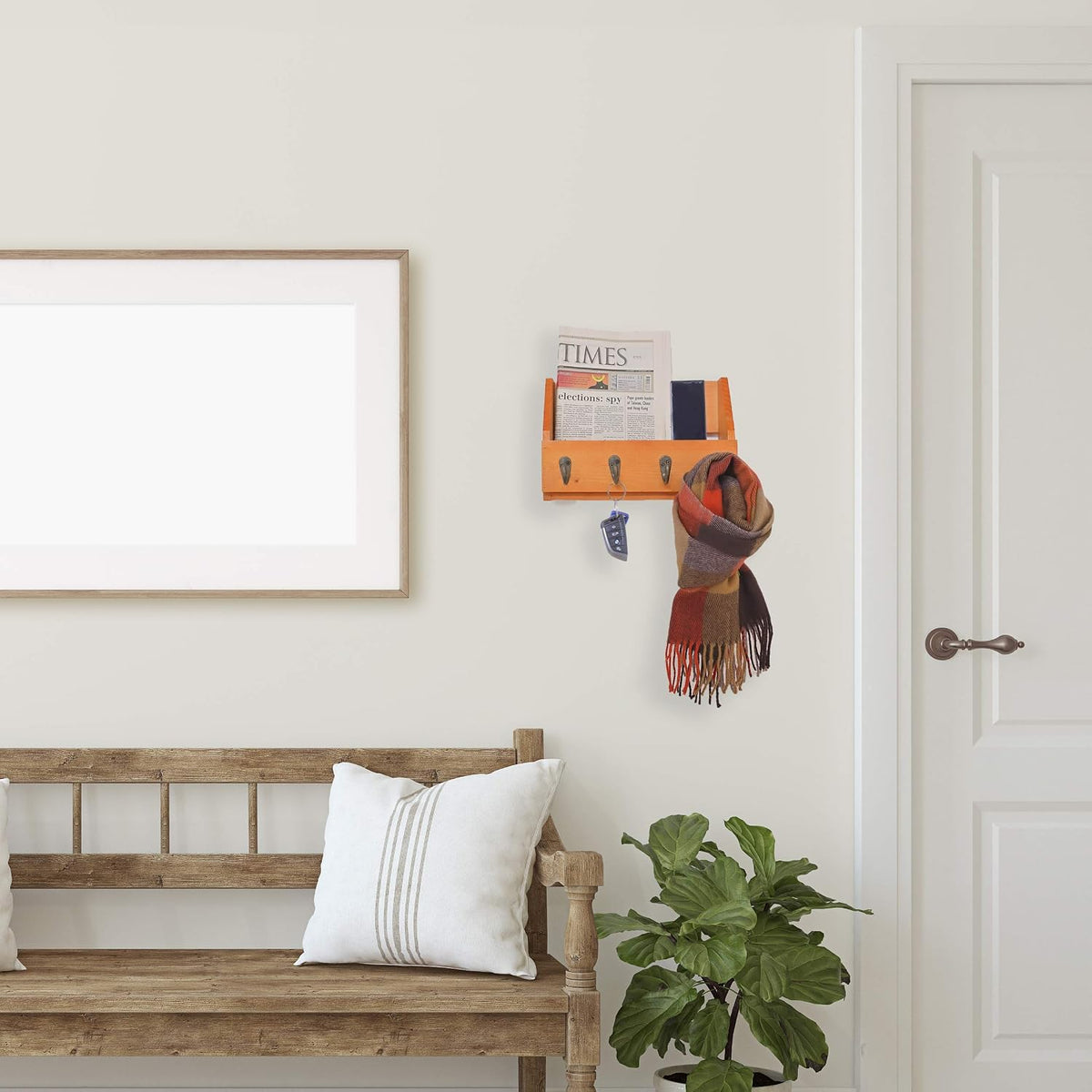 Wall Mounted Key and Mail Holder with 4 Hooks. Made of Solid Wood. Use as Key Rack, Entryway or Mudroom Organizer, Mail Sorter, Magazine Holder, Bill Sorter, Rustic Home Décor (Oak)
