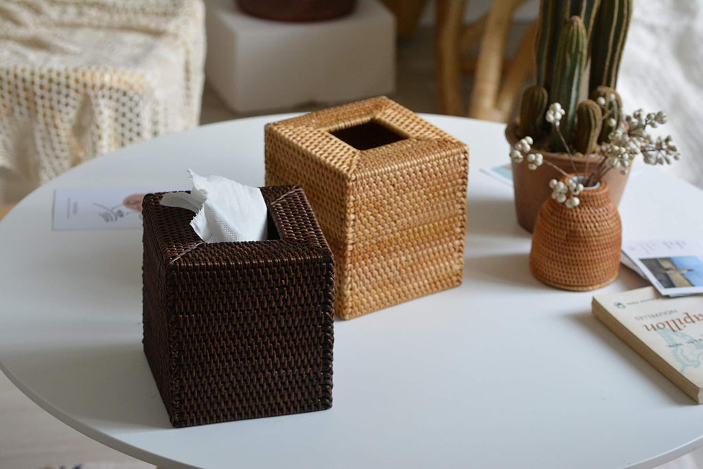 Rattan Tissue Box Cover Square, Hand Woven Wicker Tissue Holder, 5.5 x 5.5 X 5.7 inch, Natural (Pack of 3)