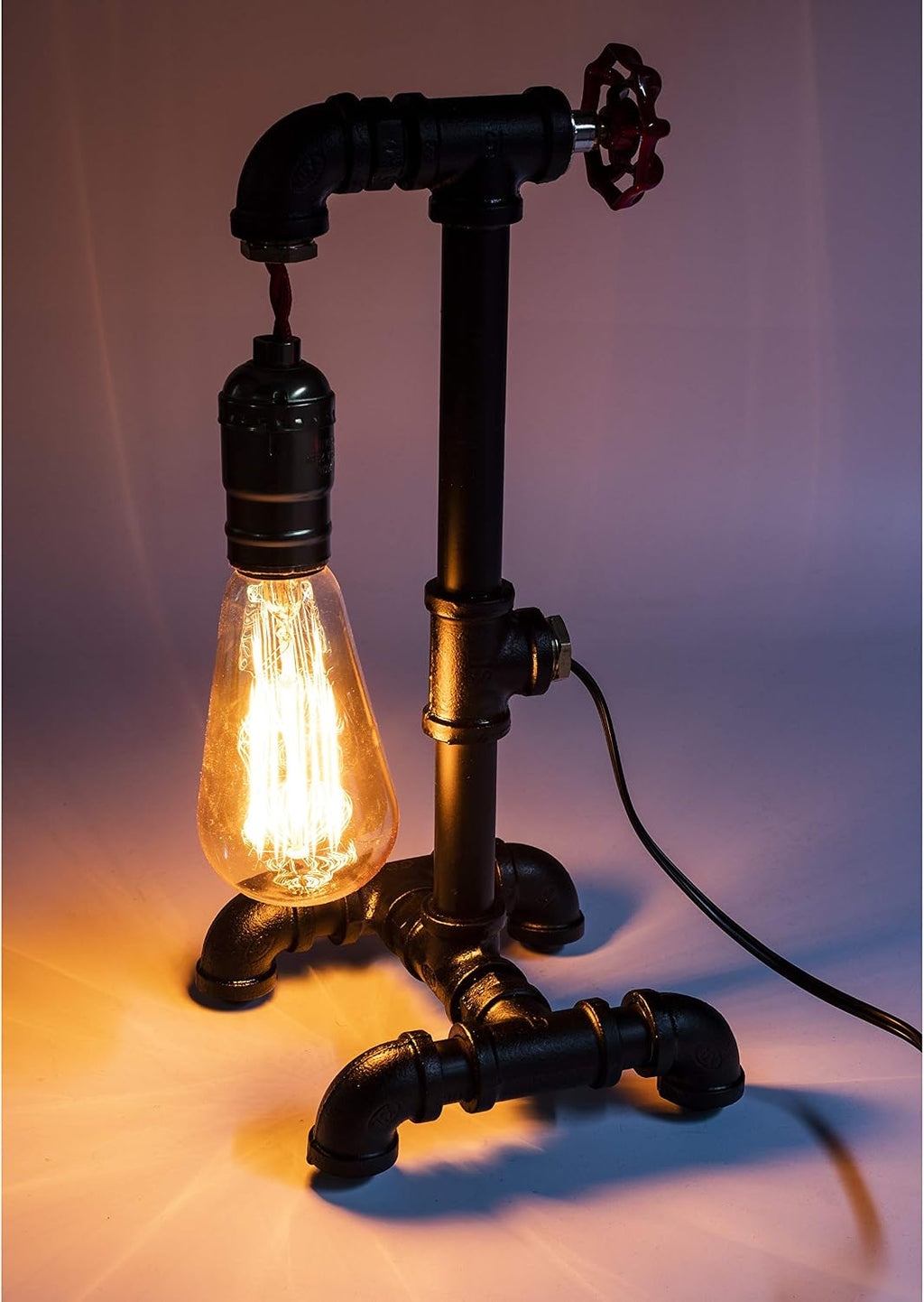 Loft Style Lamp with Dimmer, Dimmable Steampunk Industrial Vintage Antique Style Light, Iron Piping Aged Rustic Metal Desk Lamp, Y-Nut "Fisherman" (Dark Black) QTF-TB01-BBLK