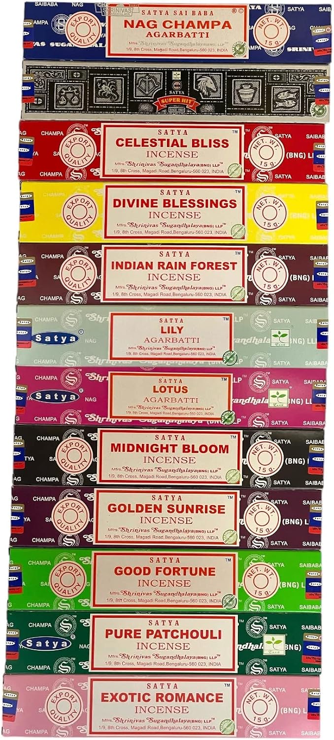 Satya Bangalore (BNG) Set of 12 NagChampa SuperHit CelestialBliss DivineBlessings ExoticRomance GoldenSunrise IndianRainforest MidnightBloom PurePatchouli GoodFortune Lotus Lily, VarietyPack08