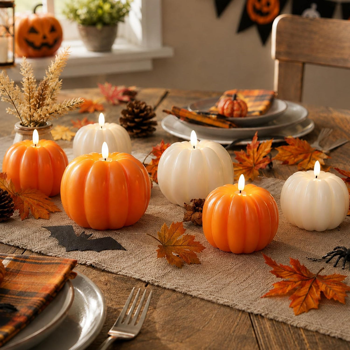 Fall Decor Pumpkin Flameless Candles with Remote LED Candles Ivory Set of 2