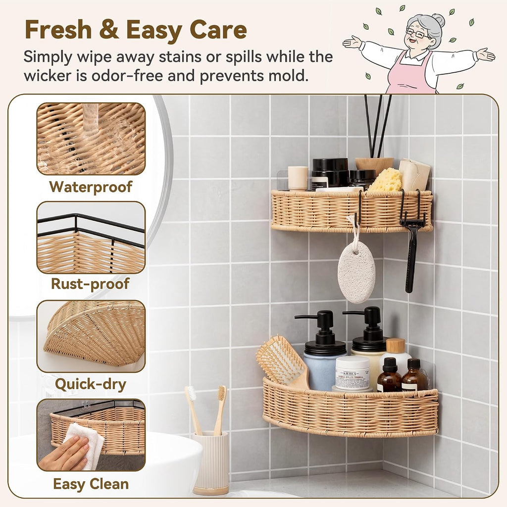 GRANNY SAYS Wicker Corner Shower Caddy Adhesive, Shower Organization