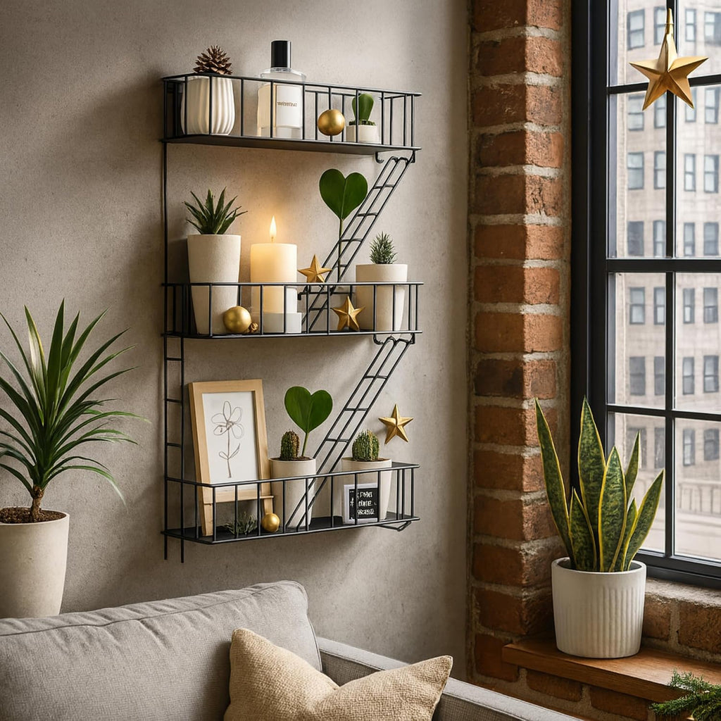 Fire Escape Wall Shelf, Black Metal Decorative Floating Ladder, 3-Tier