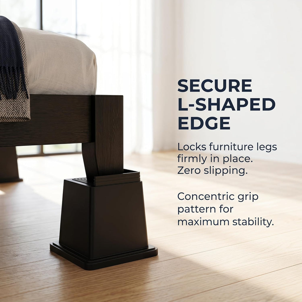 Heavy Duty Furniture Risers - 1200 Lbs Capacity Square Bed Risers with 4.1 Inch Universal Cavity, 6 Inch 4-Pack Black, Sofa Lift and Desk Elevators for Under Bed Storage
