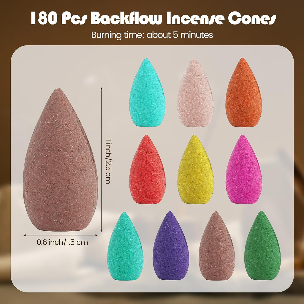 Aneco 180 Pieces Backflow Incense Cones 10 Mixed Natural Scents Rose Jasmine Lily Mint Lavender and More Kinds of Mixed Natural Backflow Incense Cones