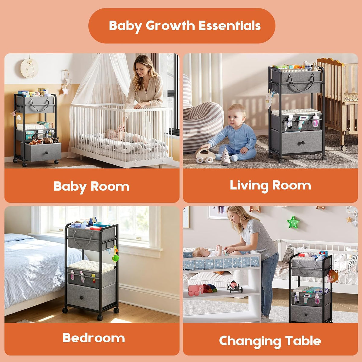 Cidaziya 3In1 Baby Diaper Caddy Organizer, 3 Tier Rolling Cart with Drawer, Detachable Dividers, Mobile Utility Cart Baby Dresser Clothes Organizer for Crib, Bedroom, Art & Craft Storage, Grey