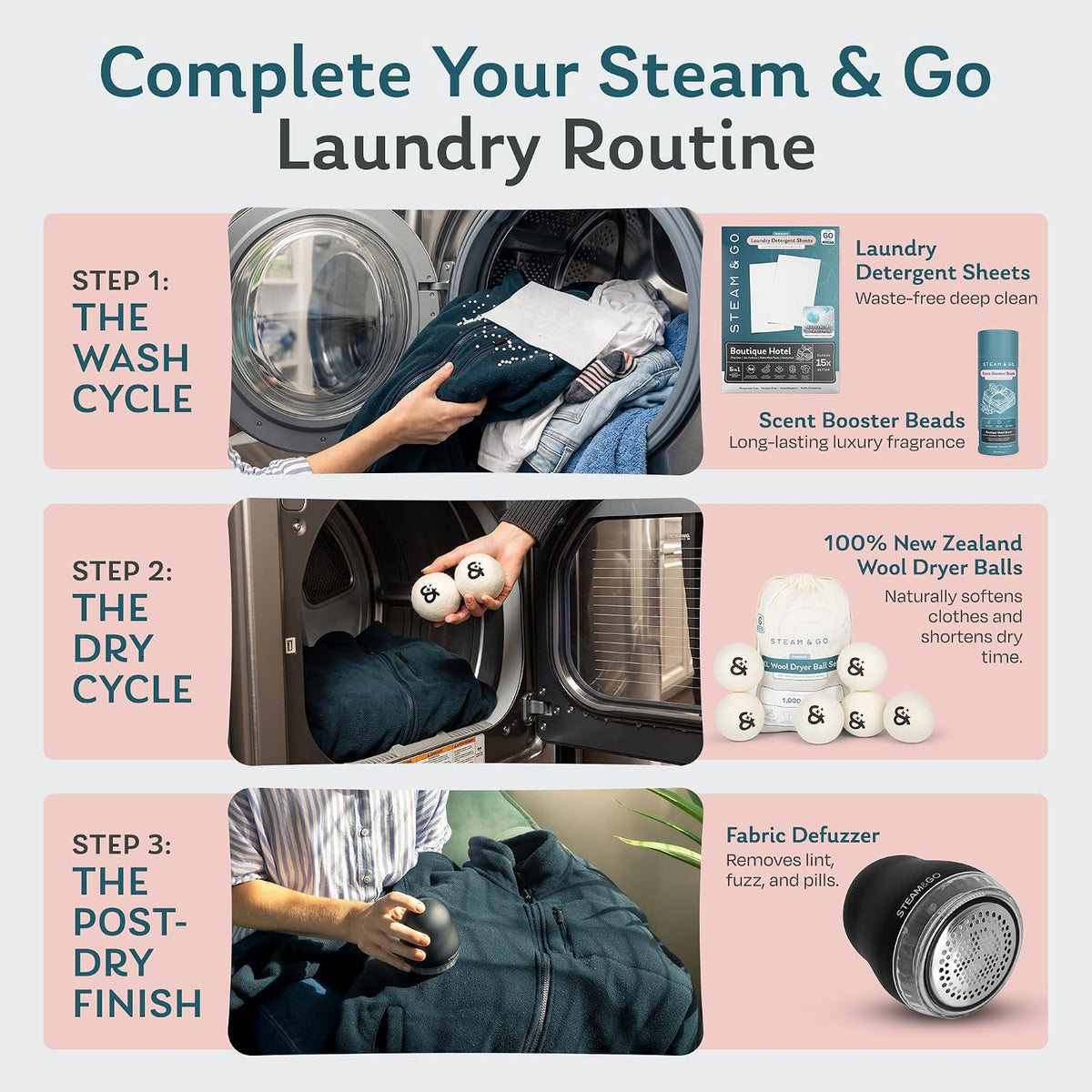 Steam & Go XL Wool Dryer Balls Set, 6 Premium 100% New Zealand Wool Laundry Dryer Balls, Natural Fabric Softener, Reusable Dryer Sheet Alternative, Reduces Static & Drying Time