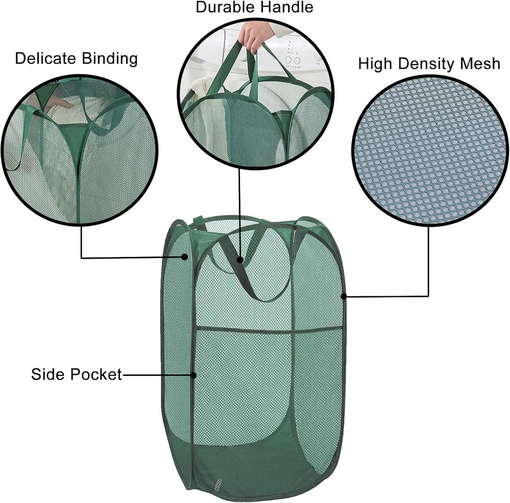 Pop Up Laundry Hamper Thick Mesh Collapsible Laundry Baskets, Large Side Pocket, Strong Handles, Travel Friendly for Cruise, RV (Green+Pink)