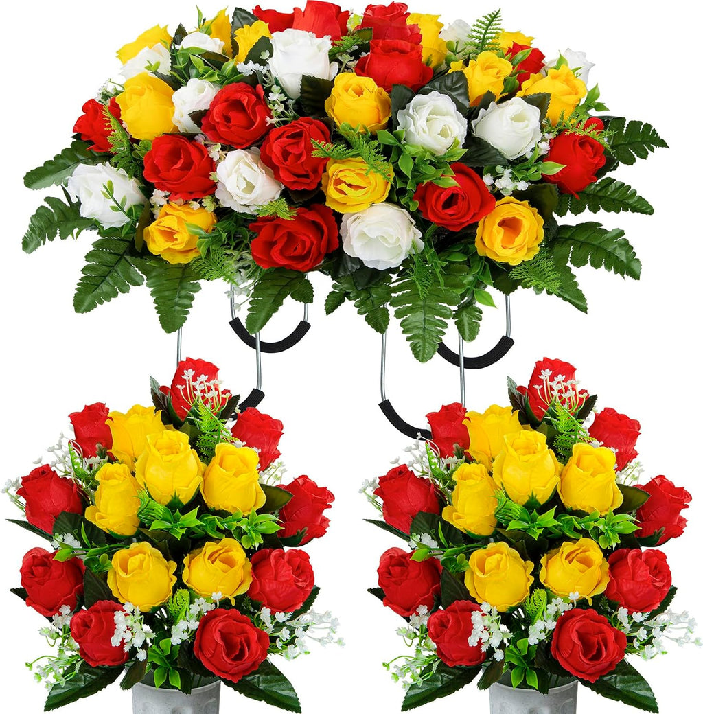 Artificial Cemetery Flowers Saddle Grave Memorial Rose Flowers with Vase for Cemetery Headstones Gravesites Decoration (White&Red&Yellow, 1 Saddle & 2Bouquets with Vase)