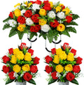 Artificial Cemetery Flowers Saddle Grave Memorial Rose Flowers with Vase for Cemetery Headstones Gravesites Decoration (White&Red&Yellow, 1 Saddle & 2Bouquets with Vase)
