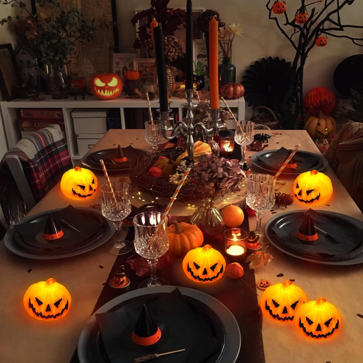 6 Pack Halloween Pumpkin Flameless Candles Battery Operated LED Tealight Candles for Home Room Decorations, Light Up Halloween Decorations Indoor for Table Party Office Fireplace halloween Gifts