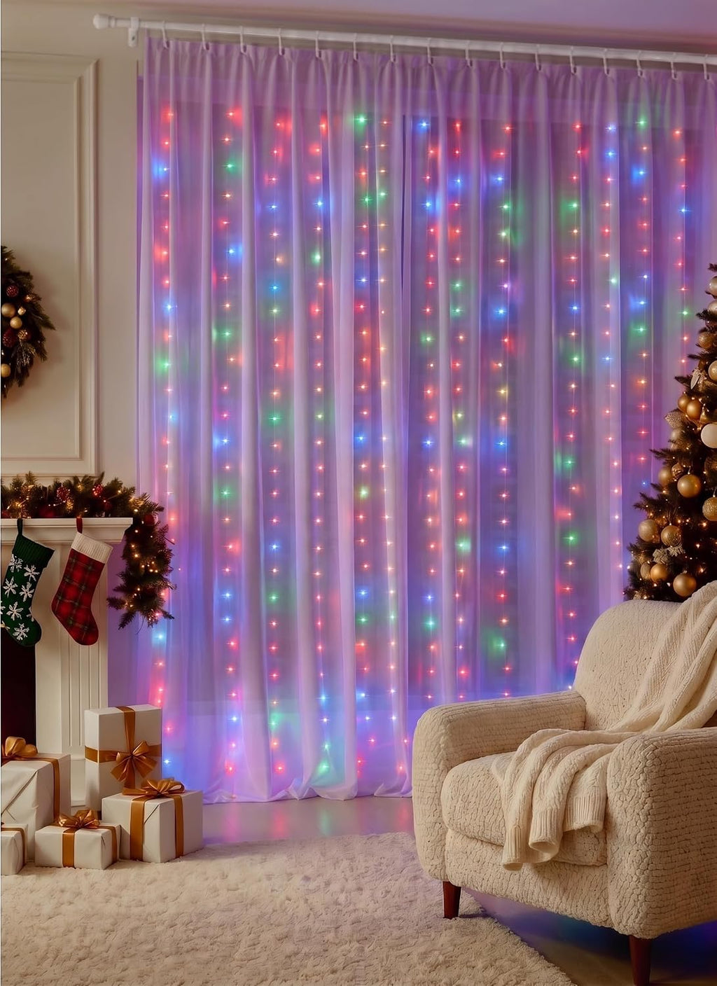 Brightown 300 LED Curtain String Lights, 9.8 FT Hanging Fairy Lights with Remote, 8 Modes, Waterproof Window Lights for Bedroom Backdrop Wedding Outdoor Christmas Decoration, Multicolor