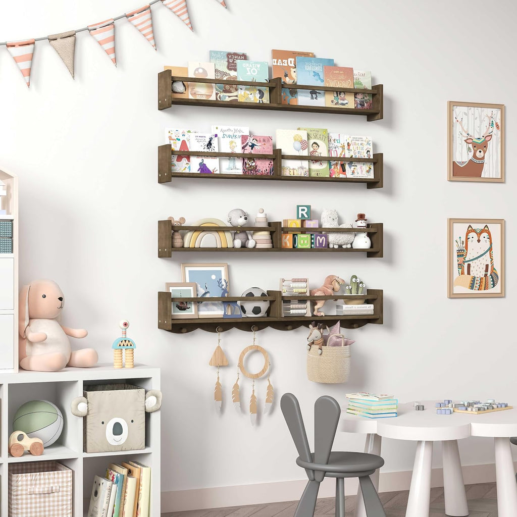 34Inch Nursery Bookshelves,Set of 4,Wall Floating Shelf Kids Coat Rack with 6Hooks,Hanging Book Shelf for Baby Nursery Room Décor (Dark Brown, 34)