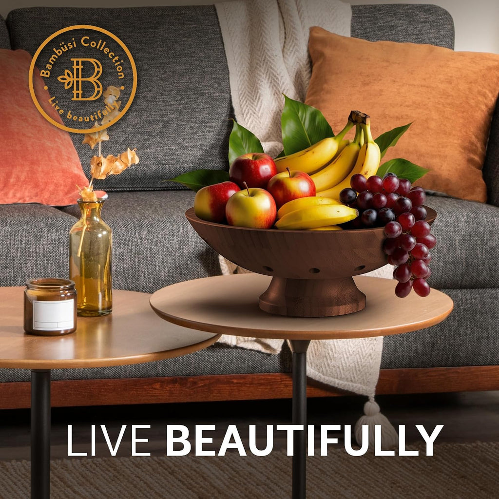 Fruit Bowl for Kitchen Counter - Brown Wooden Fruit Bowl, Latge Fruit Basket with Pedestal Base, Vented Bamboo Fruit Holder for Fruits, Vegetable Storage, Kitchen Countertop Organizer 11 x 4.5 Inches