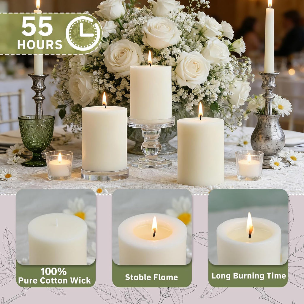 White Soy Pillar Candles,Non-Toxic,3x4 Inch, 55-Hour,Unscented,3 Pack