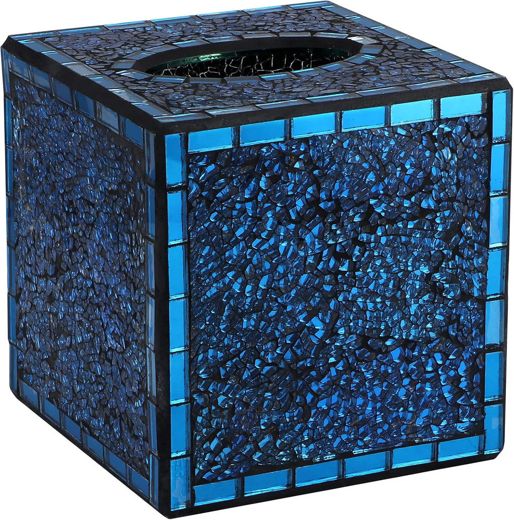 MDLUU Mosaic Glass Tissue Box Holder, Decorative Tissue Box Cover, Square Tissue Dispenser for Bathroom, Bedroom, Living Room (Navy Blue)