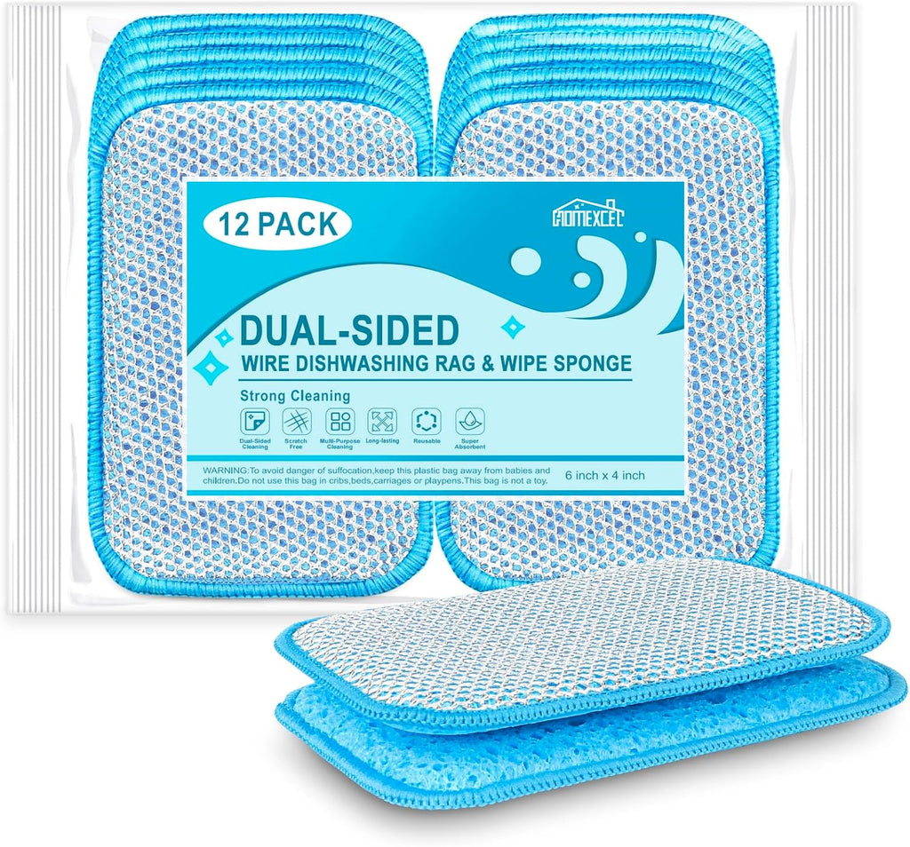 HOMEXCEL 12 Pack Scrub & Wipe Cloths, Scrub Sponges with Non-Scratch Wire Dishwashing Rag for Kitchen, All-Purpose Cloth for Dishes, Pots, Pans, Non-Stick Cookware, Countertops (Blue)