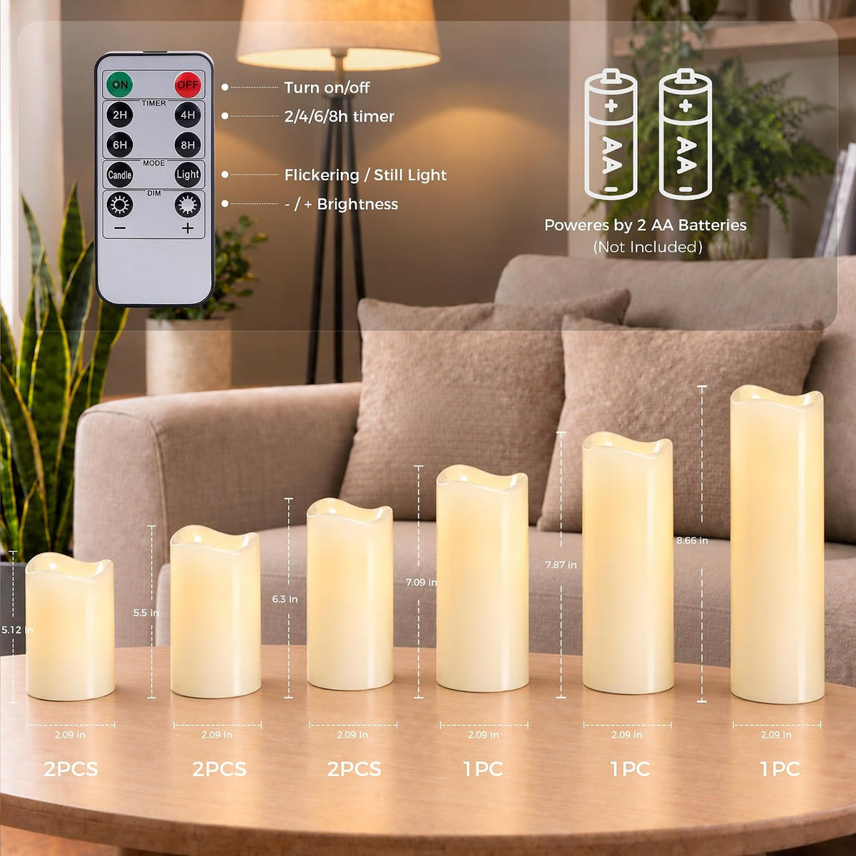 Goodluck Real Paraffin Wax Flameless Pillar Candles, Set of 9 - Ivory