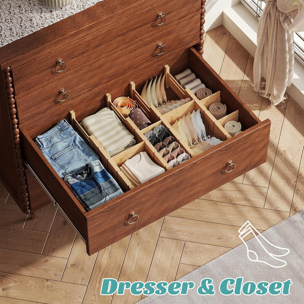 Bamboo Drawer Dividers 4 Pack, Adjustable 13.7-18.8in Dresser Organizer