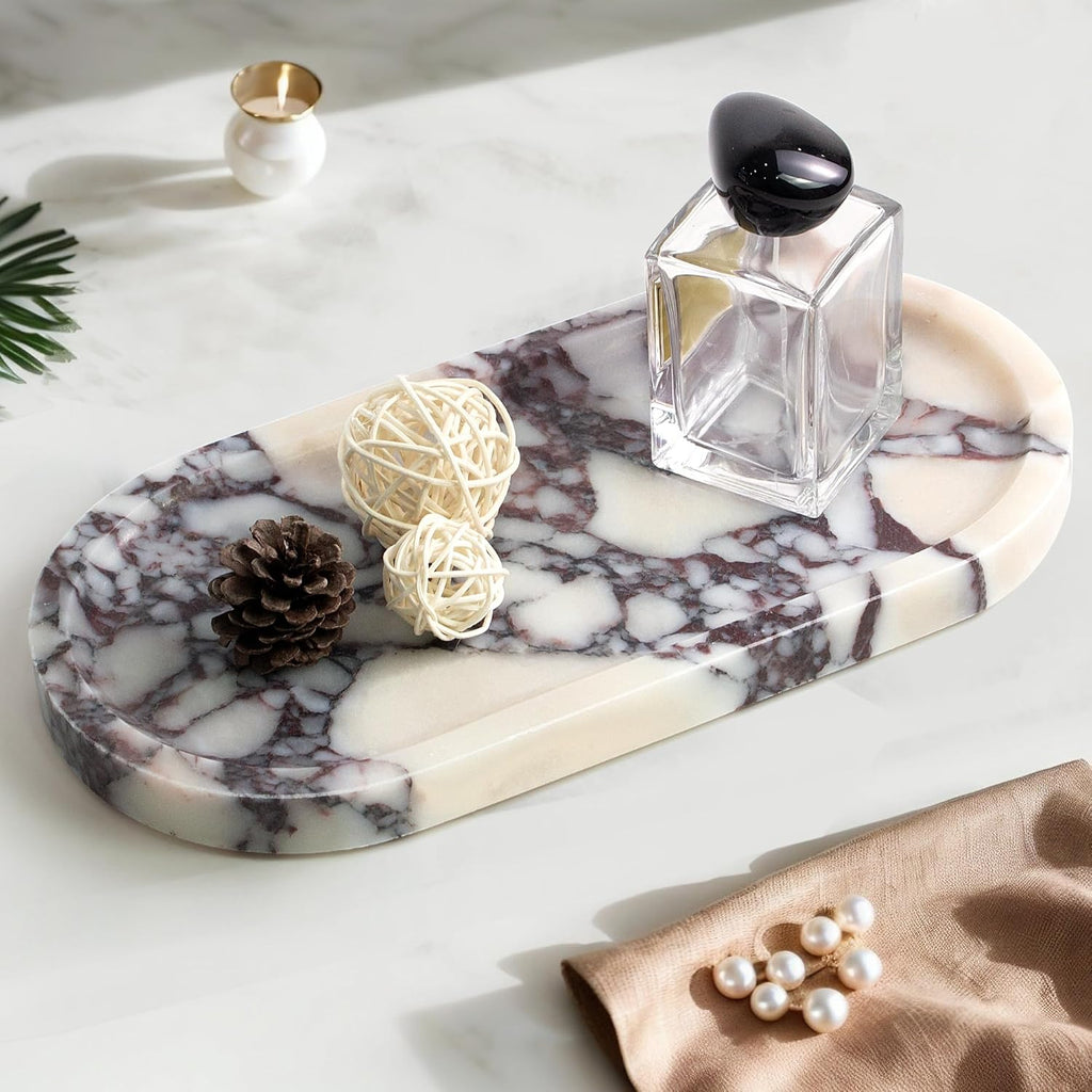 YMXYJM Genuine Real Natural Marble Tray for Bathroom, 11.8" x 6", Calacatta Viola